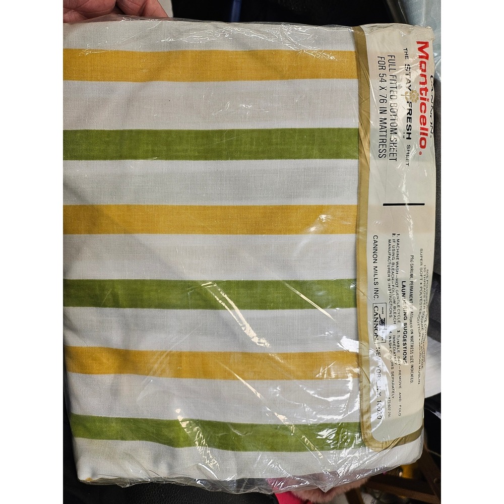 Vintage Cannon Monticello Full Fitted Sheet Yellow Green Striped No Iron Muslin